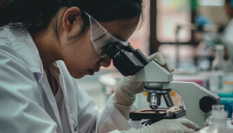 Researcher looking through a microscope